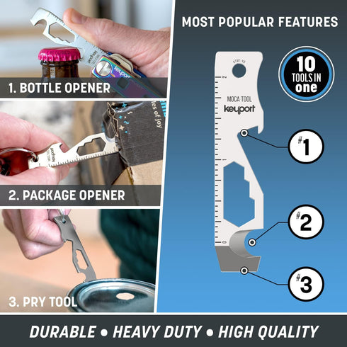 Keyport MOCA 10-in-1 Keychain Multitool (Stainless) | EDC Multi Tool: Pry Bar, Bottle Opener, Screwdriver, Box Opener, Cord Cutter & More | TSA Ke...