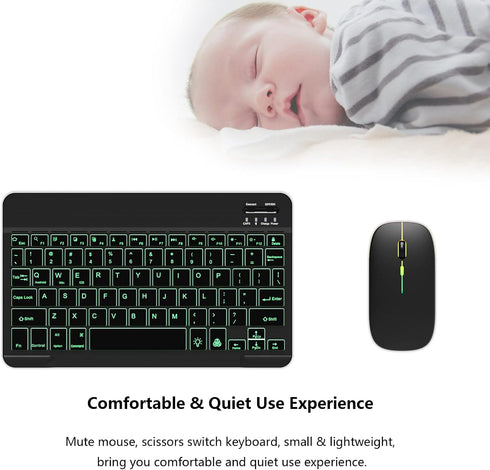 Backlit Bluetooth Keyboard and Mouse Combo for iPad Air Pro Mini Tablet iPhone Android Samsung Smartphone Cell Phone Rechargeable Ultra Slim Wirel...