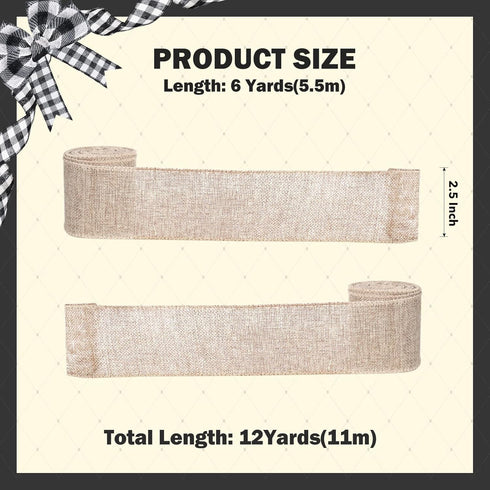 Burlap Wired Edge Ribbon for Gift Wrapping, Christmas Trees Decorations, Big Bow, Wreath, Crafts Making, 2 Rolls, 2.5 Inch x 6 Yards...