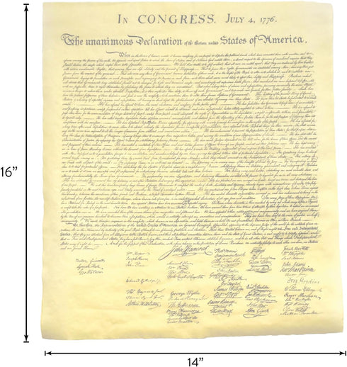 The Declaration of Independence, Authentic Replica Printed on Antiqued Genuine Parchment. 14" X 16", Ships in Plastic Collector's Tube with Ribbon...