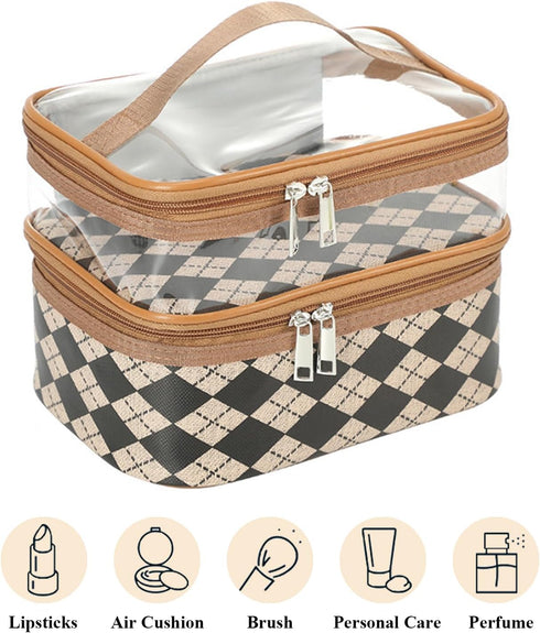 Double Layer Cosmetic Bag Toiletry Bag Makeup Bag Organizer Large Capacity Waterproof Makeup Case for Travel and Daily Use (coffee diamond plaid)...