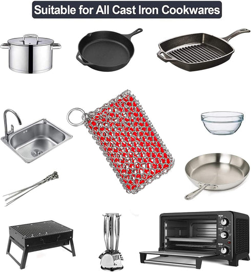 Cast Iron Skillet Cleaner, 316 Stainless Steel Chainmail Scrubber with Silicone Insert for Cast Iron, Grill, Pie Pan, Casserole Dishes...