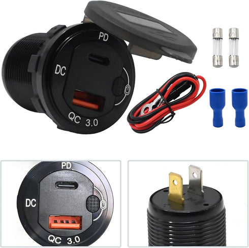 83W USB C Car Charger, 18W QC3.0 and 65W USB C Port,12V Socket with Button Switch Smart Voltmeter for Car Golf Cart Marine...