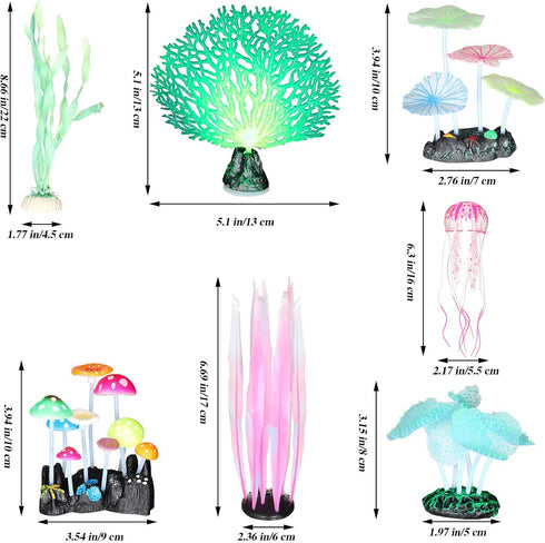Frienda 8 Pieces Glowing Fish Tank Decorations Plants with 2 Style Glowing Kelp, Sea Anemone, Simulation Coral, Jellyfish, Lotus Leaf, Mushroom fo...