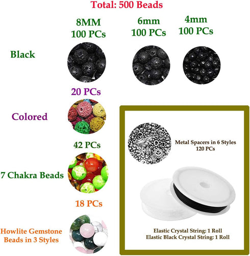 Mandala Crafts Volcanic Lava Beads for Jewelry Making Bulk Kit - Natural Lava Stone Beads 7 Chakra Beads - 4mm 6mm 8mm 500 Lava Rock Beads for Ess...