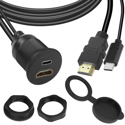 QIANRENON USB C&HDMI Threaded Flush Mount Waterproof Cable Adapter USB C 2.0+HDMI 1.4 Male to Female Panel Mount Extension Cable, 4K@60HZ, for Car...