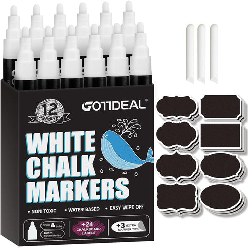 GOTIDEAL White Liquid Chalk Markers, 12 Pack Chalkboard Markers, Chalk Pens for Car Windows, Signs, Blackboard, Glass Painting, Erasable 6mm Rever...