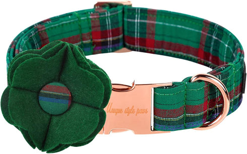 Unique style paws Dog Collar with Removable Felt Flower Tie Winter Christmas Green Plaid Pet Collar for Small Medium Large Girl Boy Dogs-S...