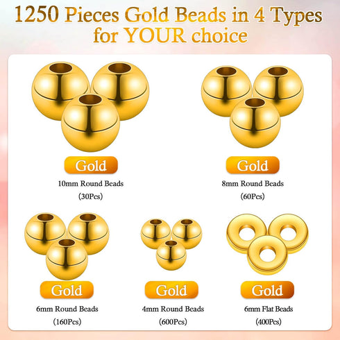 1250 Pieces Gold Spacer Beads for Jewelry Making, Gold Round Beads and Gold Flat Clay Beads for Bracelets Making, Small Gold Filled Beads for Jewe...
