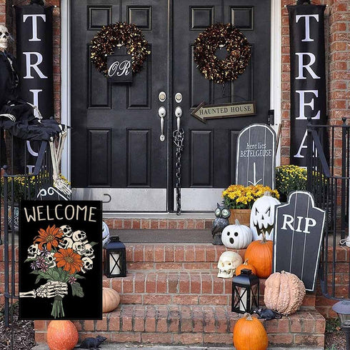 Halloween Garden Flag 12x18 Inch Double Sided Welcome Skull Flower Skeleton Gothic Spooky Halloween Decorations Outdoor Garden Flag Burlap for Sea...