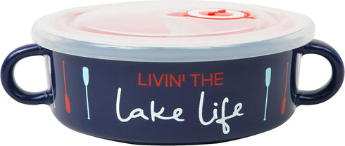 Pavilion Gift Company Livin' The River Life-13.5oz Stoneware Snack Soup Bowl with BPA Free Steam Release Lid, 13.5oz, Blue (Lake Life)...
