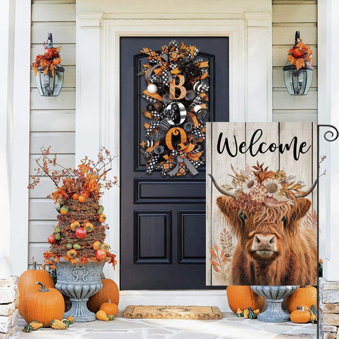 Welcome Fall Garden Flags for Outside Decorations, Thanksgiving Highland Cow with Flowers Maple Leaves Small Yard Flag, Harvest Autumn Seasonal Fa...