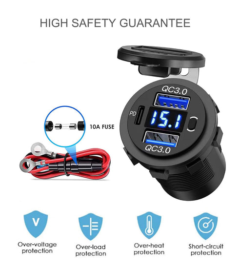 12V USB Outlet, Dual USB Quick Charge 3.0 Port & PD USB C Car Charger Socket with Voltmeter and Power Switch for Car Boat Marine Truck 2 Pack......