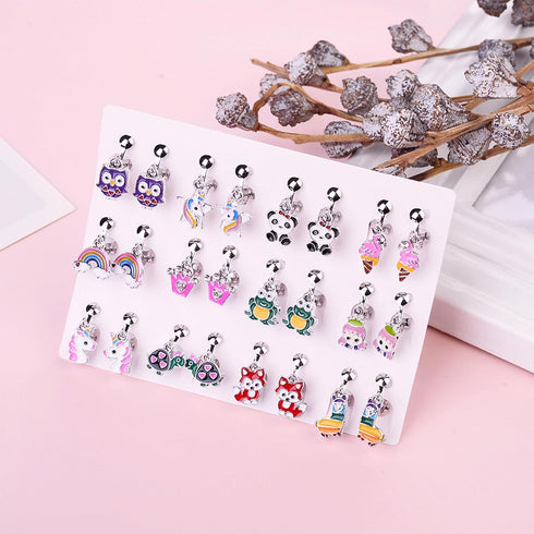 Bevan 24 Pairs Hypoallergenic Clip-on Earrings for Girls Cute Multiple Animal Flamingo Mermaid Butterfly Alpaca Whale Stud Earrings for Little Gir...