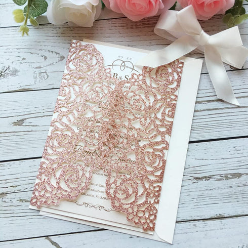 20PCS 5.12 x 7.28'' Laser Cut Wedding Invitations Cards with Envelopes Hollow Rose Pocket with Bowknot Invitation for Bridal Shower Wedding Invite...