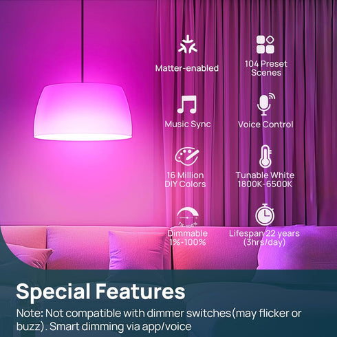 Linkind Matter Smart RGBTW Bulb,1600LM 100W Smart Light Bulbs, Work with Alexa/Apple Home/Google Home, LED Color Changing Bulbs Music Sync, 2.4GHz...