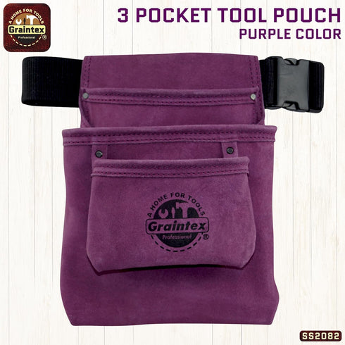 Graintex SS2082 3 Pocket Nail & Tool Pouch Purple Color Suede Leather with 2” Webbing Belt for Constructors, Electricians, Plumbers, Handymen...