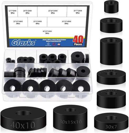 Glarks 40Pcs 8 Sizes Round Rubber Spacer Assortment Kit, Multi Purpose Black Round Neoprene Washers Anti Vibration Rubber Spacer Bushings for Elec...