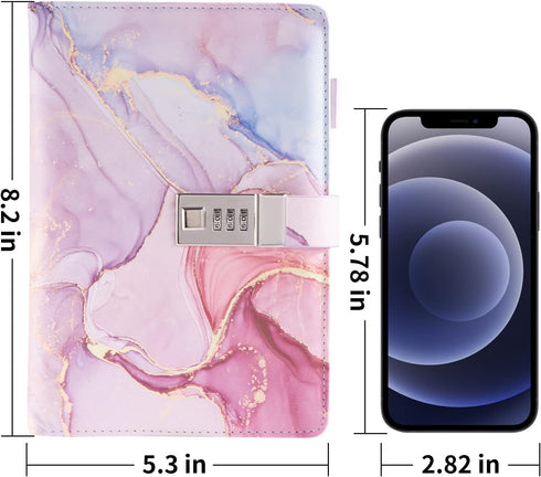 Marble Diary with Lock for Girls and Women, A5 Leather Locked Journal for Teen Girls, Secret Cute Password Lock Notebooks with Pen Holder for Trav...