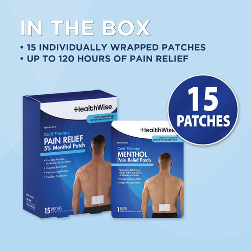 HealthWise Cold Therapy Menthol Pain Relief Patch | 5% Menthol | Back and Large Areas | 3.93” x 5.51” | 15-Count | Soothes Minor Aches and Pains |...