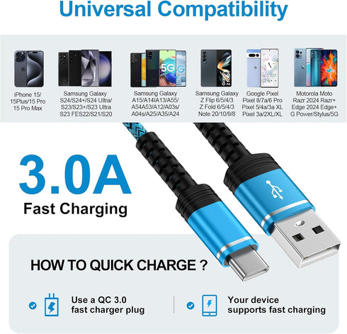 Samsung S24 Ultra Charger Cable Fast Chaging for Galaxy S24 S24+ S23 FE A15 5g A14 A54 A13 A53 S22 S21 S20 A35 A55 Z Flip 6, 6FT Android Phone Pow...