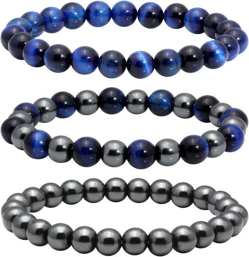MILAKOO 3Pcs Blue Tiger Eye Bracelets for Men Women Distance Stretch Wristband Stone Hematite Cuff...