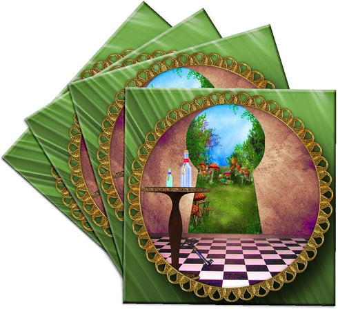 3dRose LLC cst_128860_3 Ceramic Tile Coasters, "Through The Keyholes Alice in Wonderland Art Checkered Floor Bottle of Magic Water", Set of 4...
