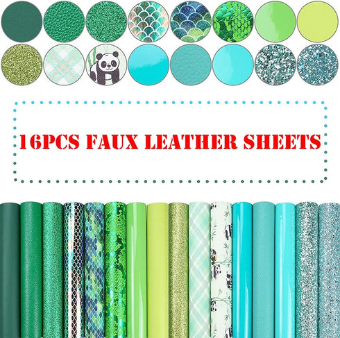 16 Pieces 8x6 Inch New Contrast Colors Blue Green Series Faux Leather Fabric Sheets Include Litchi Fine Chunky Glitter Panda Mermaid Scale Snake T...