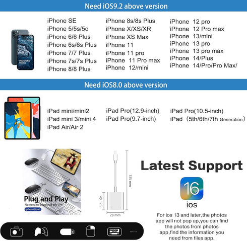 Lightning to USB Camera Adapter for iPhone with Lightning Charging Port USB 3.0 Female OTG Cable for iPad to Connect Card Reader USB Flash Drive U...