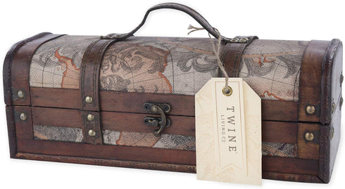 Twine Old World Wine Bottle Gift Box, Wooden Wine Box with Lid and Handle, Wood, Faux Leather, Antique Map Design, Holds 1 Bottle...