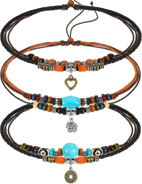 3 Pcs Western Layered Boho Wood Beads Choker Necklace Adjustable Vintage Leather Necklace Bead Choker Boho Jewelry for Women...