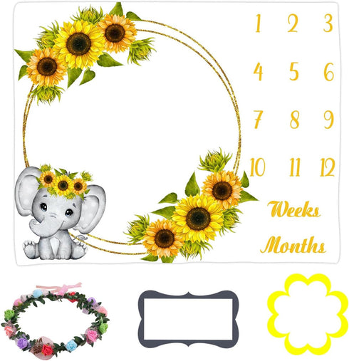 Sunflower Baby Age Blanket, Cartoon Elephant White Baby Growth Chart Memory Blanket, 48x40 Inch Newborn Swaddling Blanket Monthly Baby Milestone B...