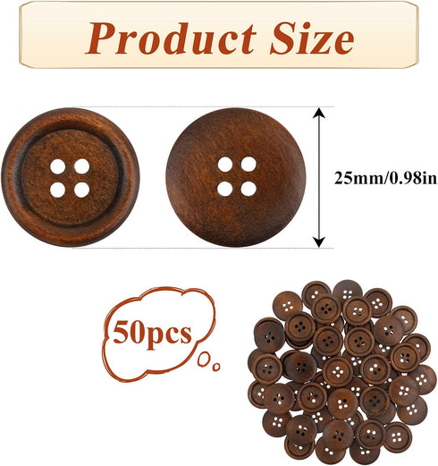 50Pcs 1 Inch Wooden Buttons Polished Sewing Buttons 4 Hole Classic Wooden Buttons for Shirt Sewing Pillow Covers Headbands Crafts Sewing Knitted I...