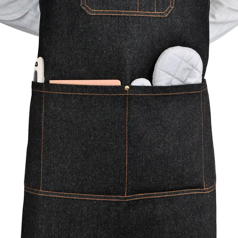 Professional Black Denim Apron with Pockets for Cooking Chef Kitchen Grill BBQ Hairstylist Painting, Mens Womens Apron with Leather Cross Back Str...