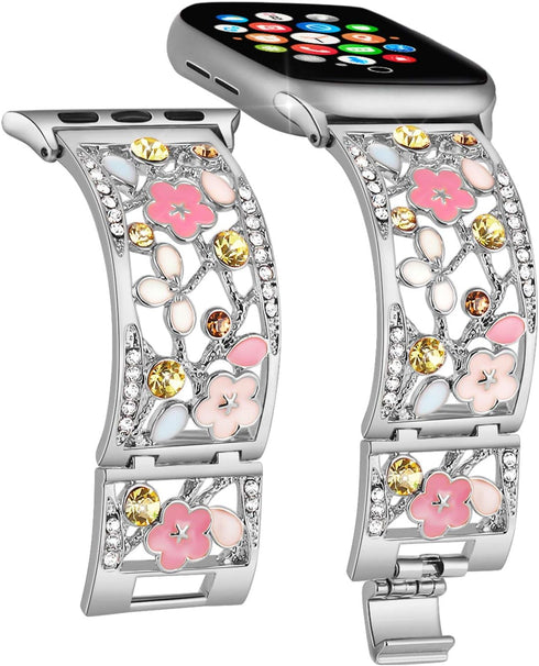 Floral Bracelet Compatible with Apple Watch Band 42mm 44mm 45mm 46mm 49mm iWatch Series 10 9 8 7 SE,Bling Crystal Hollow Metal Strap,Cute Women Dr...