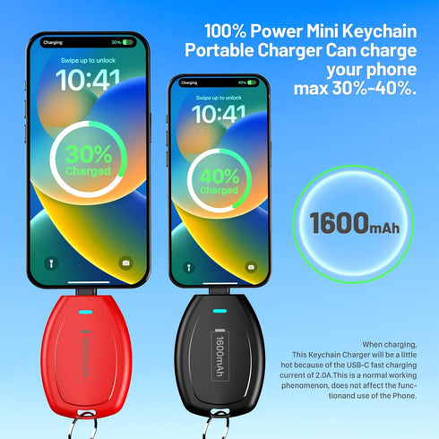 2-Pack Keychain Portable Charger for iPhone, 1600mAh Mini Power Emergency Pod Ultra-Compact External Power Bank Battery Pack, Key Ring Cell Phone ...