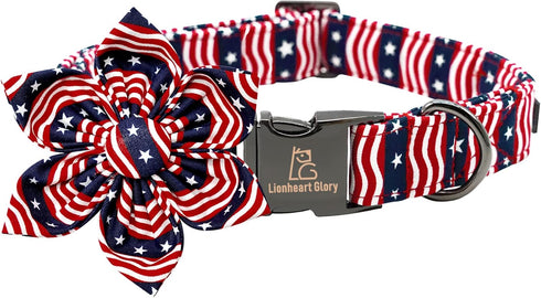 Lionheart glory American Flag Dog Collar, 4 of July Dog Flower Collar Heavy Duty Adjustable Patriotic Dog Collar with Flower for Small Dogs Pet Gi...
