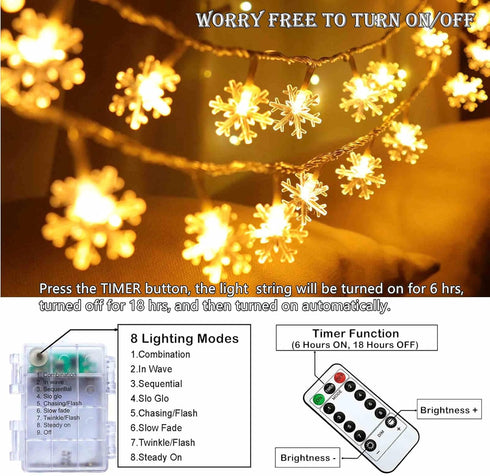 Christmas Snowflake String Lights, 20 FT 40 LED Warm White Battery Operated Fairy Lights with Remote Timer - Bedroom Room Indoor Xmas Tree Decorat...