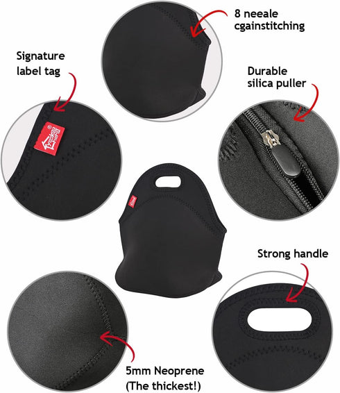 yookee home Black Lunch Bag, Insulated Lunch Box, Thick and Reusable Thermal Lunch Tote Bag, Small Neoprene Lunchbags with Zipper for Adults Kids ...