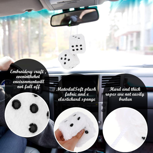 Fuzzy Plush Dice for Car Mirror 2.36” Pair of Retro Square Decoration Dice with White Dots Car Interior Hanging Ornament Decoration(White)...