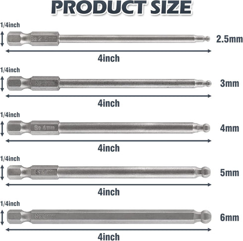 5Pcs Ball End Metric Hex Bit Set 100 mm/4 Inch Length S2 Steel Magnetic Ball End Hex Screwdriver Bit Set with 1/4 Inch Hex Shank, 2.5MM 3MM 4MM 5M...