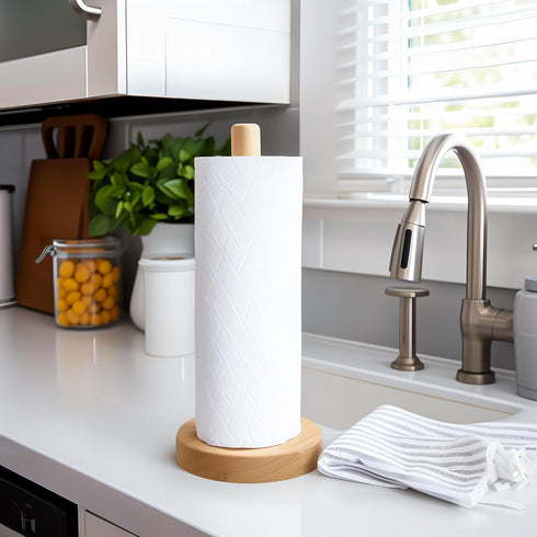 Wooden Paper Towel Holder Countertop - Solid Beechwood Paper Towel Dispenser Stand with Anti-Skid Base...