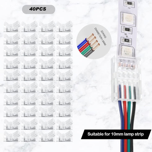 40 Packs LED Strip Connector 4 Pin,10 mm LED Connectors for Strip Lights, LED Strip to Wire Connector Waterproof RGB Unwired Clips for Strip Light...