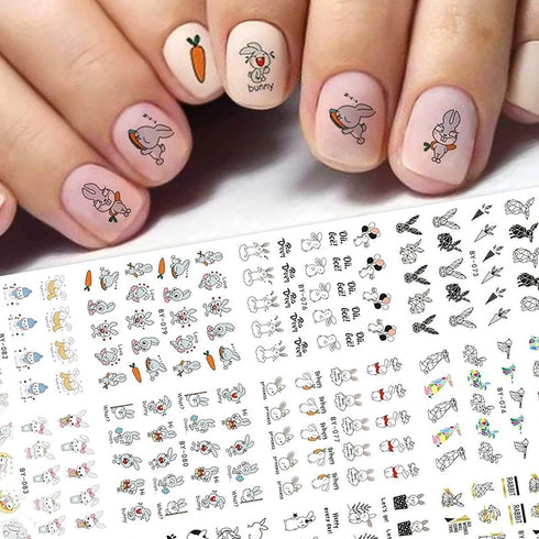 12 Sheets Bunny Nail Art Stickers Easter Water Transfer Nail Decals Cute Rabbit Cartoon Nail Design Abstract Line Rabbit Nail Sticker Easter Nail ...