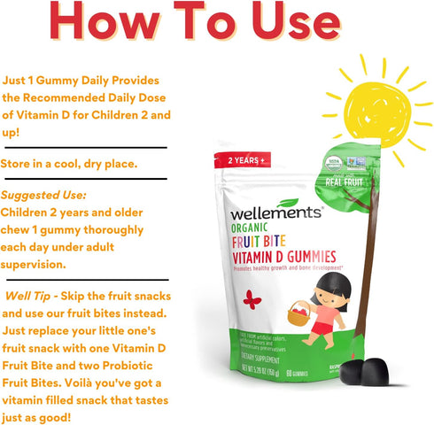 Wellements Organic Fruit Bite Vitamin D Gummies | Vitamin D3 Gummy for Kids, Supplement for Healthy Growth & Bone Development*, Raspberry Flavor |...