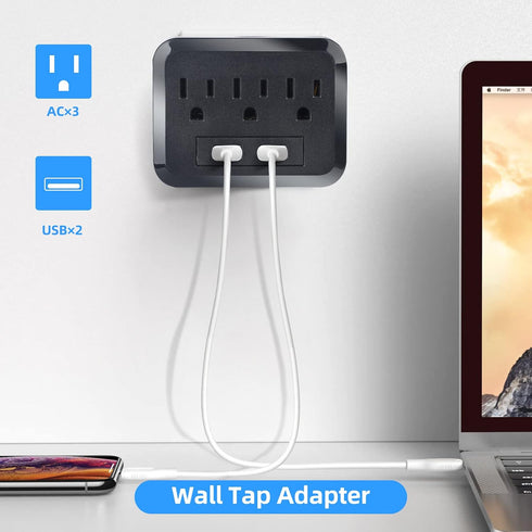 Wall Surge Protector - 3 AC Outlets and 2 USB Ports Power Strip with Premium Protection, Wall Mount Outlet Splitter, Extender Charging Station (Bl...
