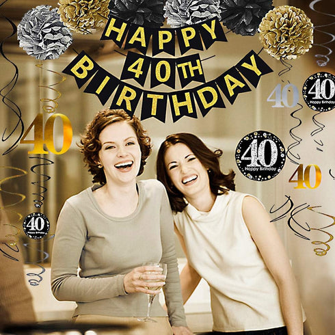 Black & Gold Glittery Happy 40th Birthday Banner,Poms,Sparkling 40 Hanging Swirls Kit for 40th Birthday Party 40th Anniversary Decorations...