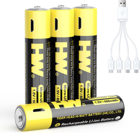 HW Rechargeable Li-ion AAA Battery, Li-ion USB Rechargeable AAA Battery Constant Output 1.5V, 1 Hour Fast Charge with USB Cable,1000 Cycles Charge...