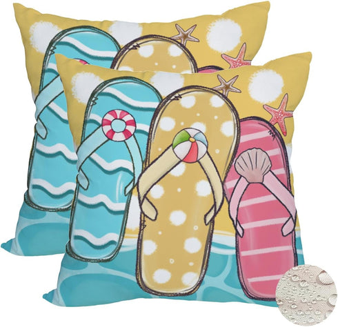 2 Pack Waterproof Summer Throw Pillow Covers 18x18 Inch Flip Flops Decor Tropical Beach Starfish Farmhouse Outdoor Decoration Pillow Cases Blue Oc...