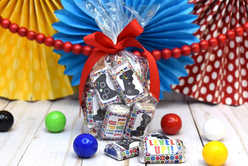 Game On! Video Gamer Birthday Party Mini Chocolate Candy Bar Sticker Wrappers for Kids, 45 1.4" x 2.6" Wrap Around Labels by AmandaCreation, Great...